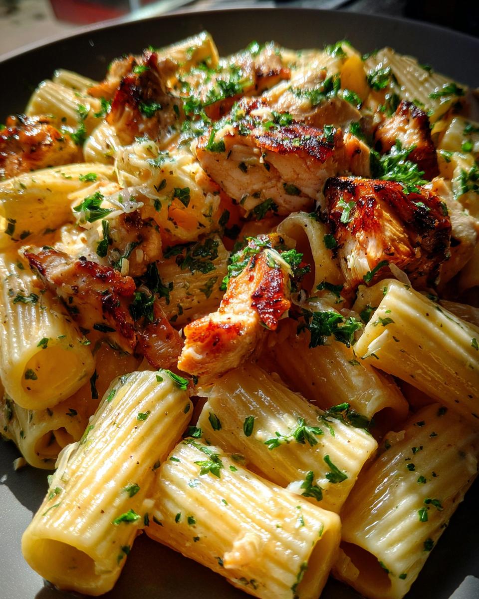 creamy garlic butter chicken and rigatoni in parmesan sauce - detail 1