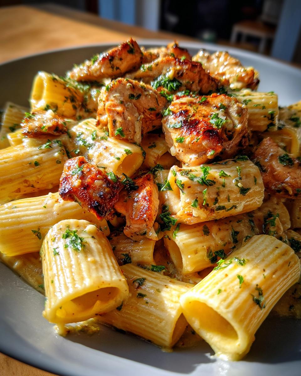 creamy garlic butter chicken and rigatoni in parmesan sauce