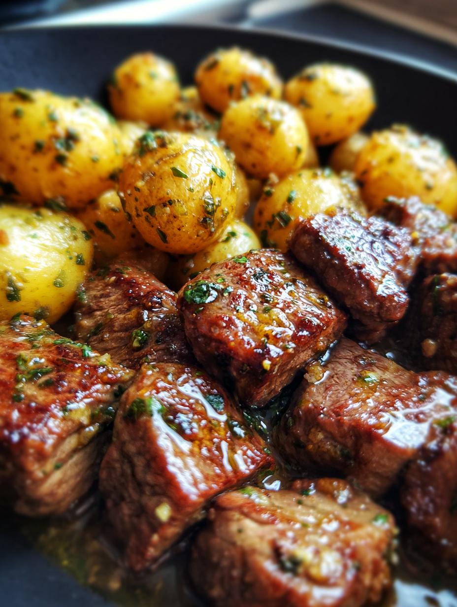 butter steak bites with garlic herb potatoes - detail 1