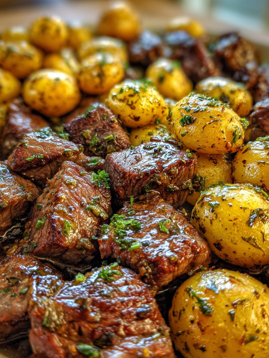 butter steak bites with garlic herb potatoes