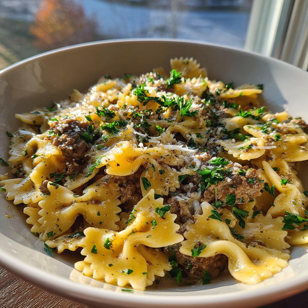 cheesy beef and bowtie pasta in garlic butter - detail 1