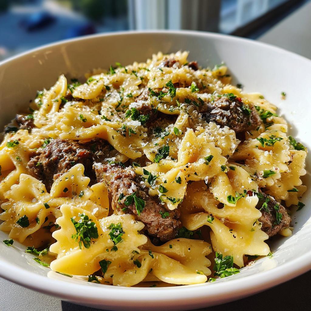 cheesy beef and bowtie pasta in garlic butter
