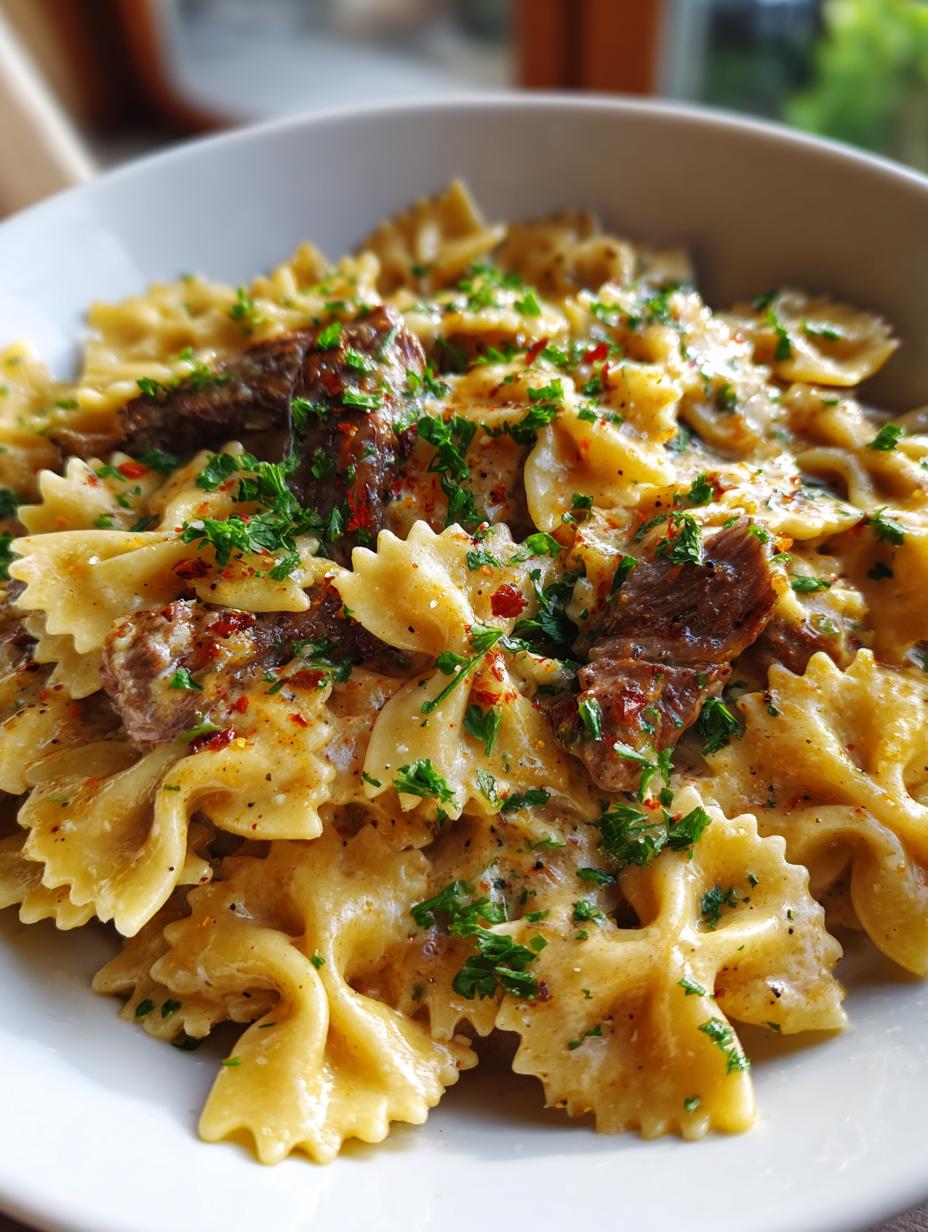 creamy beef and bowtie pasta