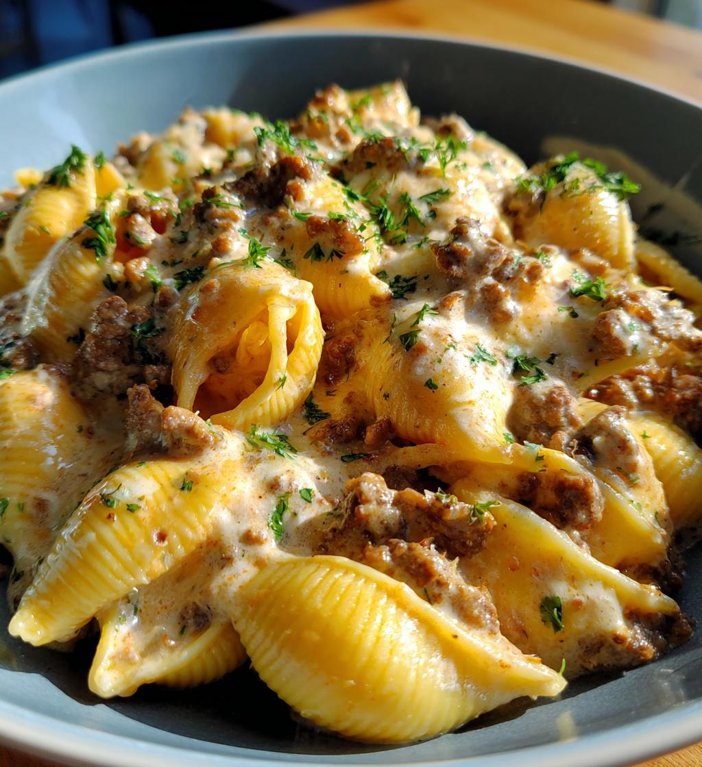 creamy beef and shells