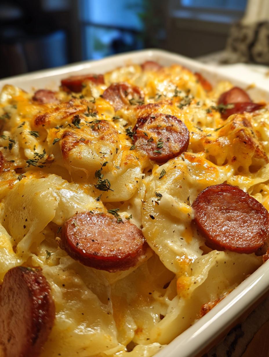 crockpot pierogi casserole with kielbasa - detail 1