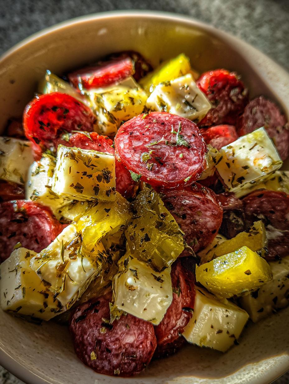 easy marinated cheese appetizer with salami pickles - detail 1