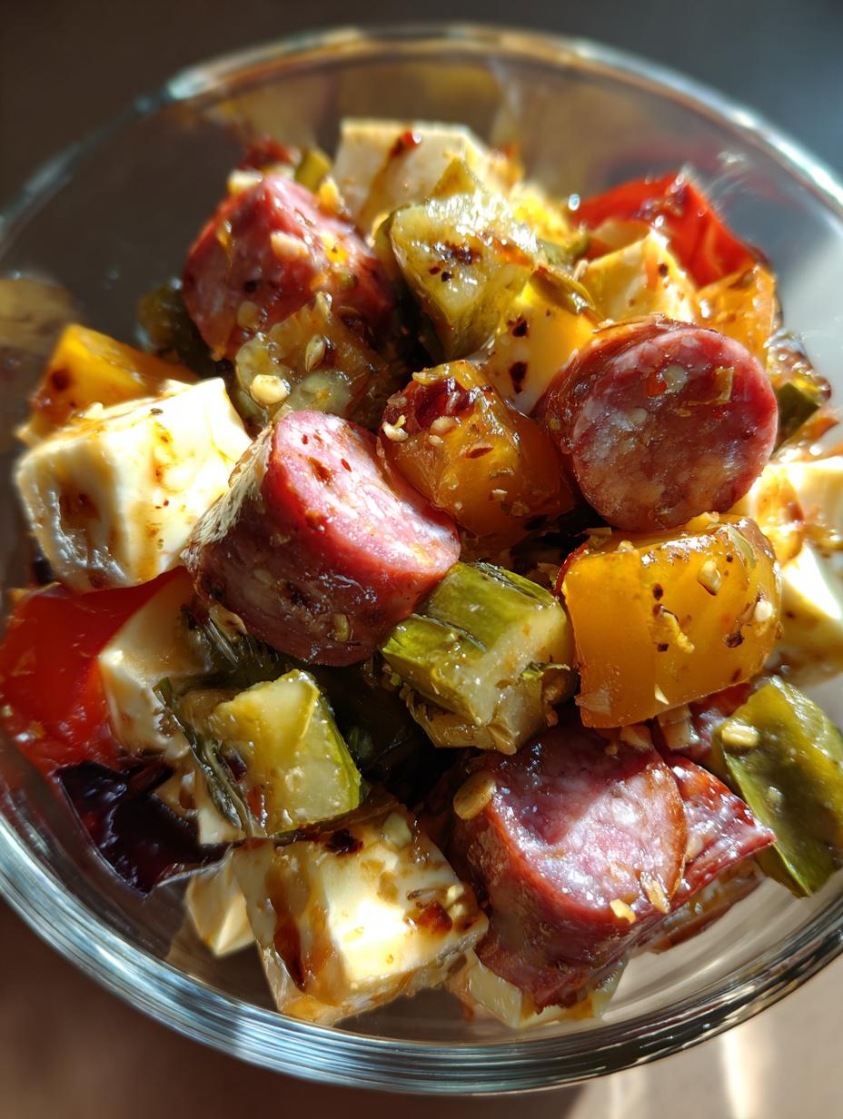 easy marinated cheese appetizer with salami pickles
