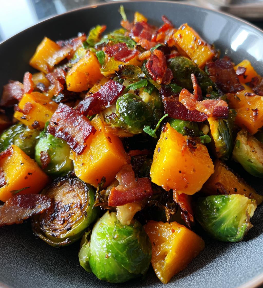 maple glazed brussels sprouts and butternut squash with bacon - detail 1
