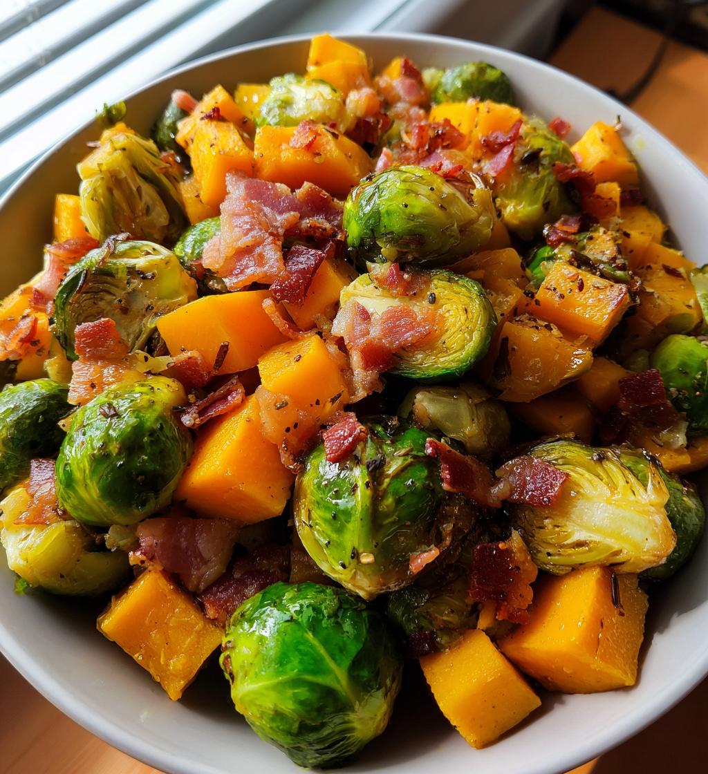maple glazed brussels sprouts and butternut squash with bacon