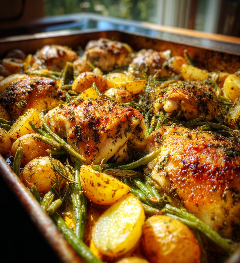 one pan garlic herb chicken with potatoes green beans - detail 1