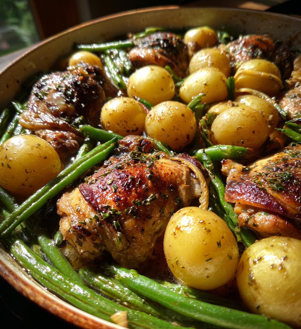 one pan garlic herb chicken with potatoes green beans