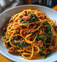 quick beef mince and spinach pasta