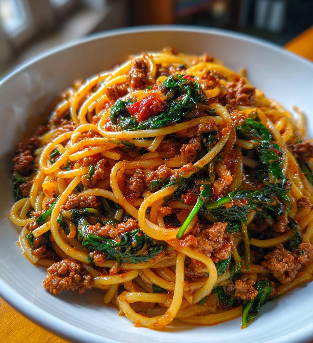 quick beef mince and spinach pasta