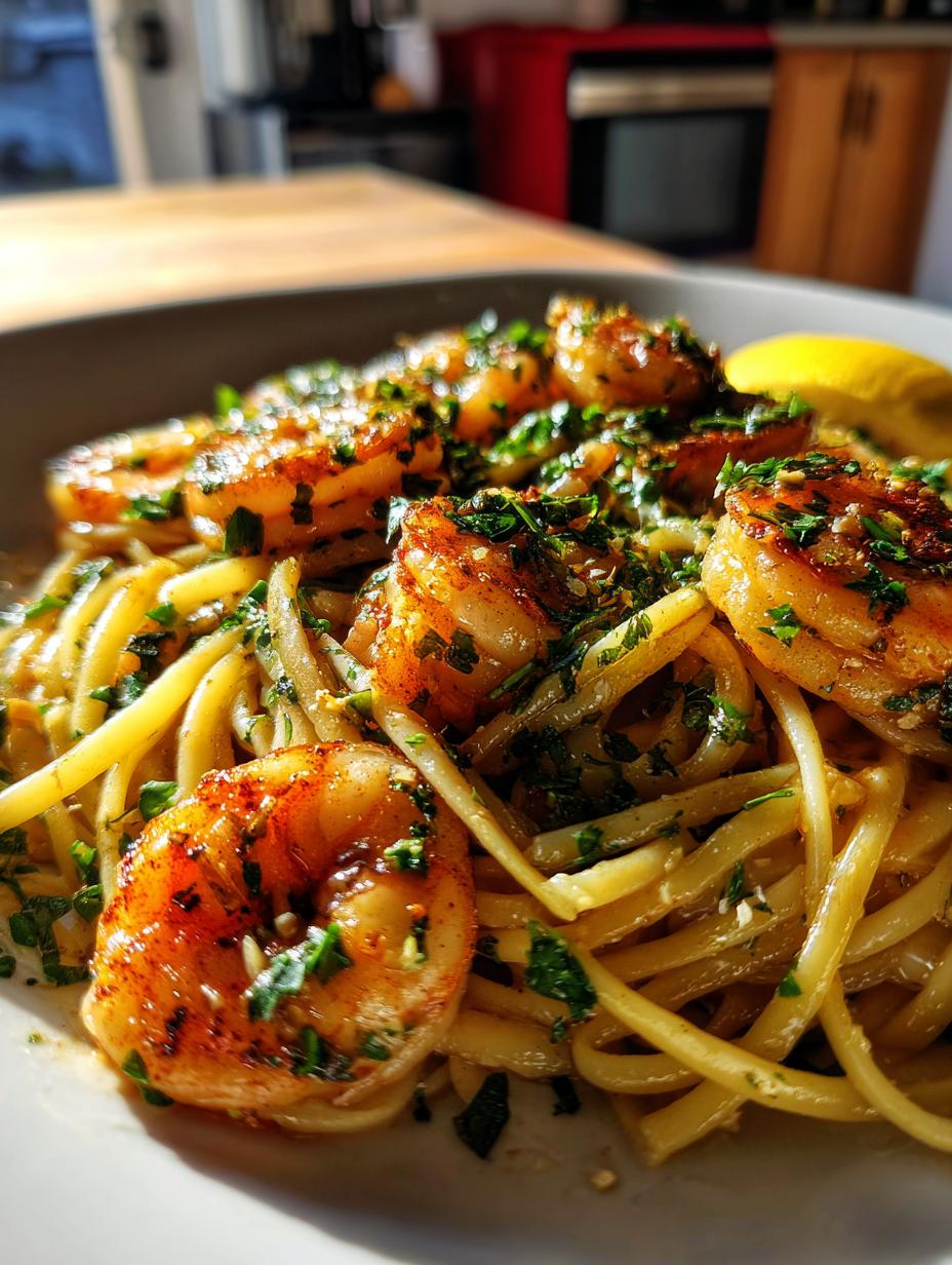 savory garlic butter shrimp linguine - detail 1