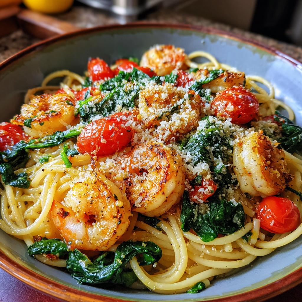 tomato spinach shrimp pasta - detail 1